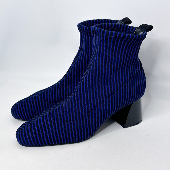 ZARA Trafaluc Sock Ankle Boots Size 6 Booties Blue Black Stripe Knit Block Heel - Picture 1 of 10